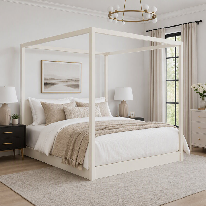 Lit plateforme moderne à baldaquin avec sommier à lattes en bois et montage facile pour une chambre minimaliste, Blanc