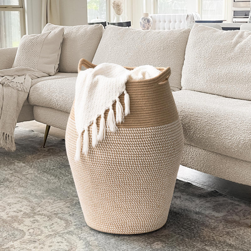 Laundry Basket with Handles, White/Line