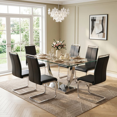 Joniya Modern 63" Rectangular Tempered Glass Dining Set Metal U Base Table with Faux Leather Cantilever Chairs