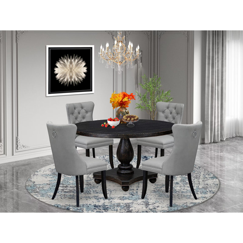5 Piece Dining Table Set Consists of a 54" Round Table with Pedestal and 4 Light Gray Polyester Fabric Parson Chairs, Sand Blasted Black