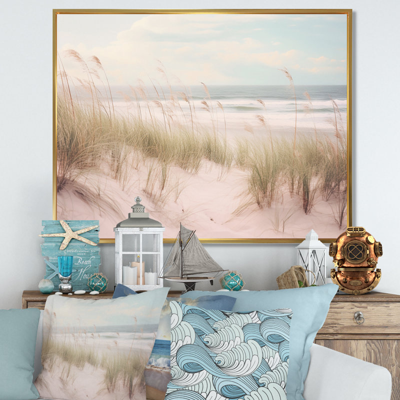 «Ocean Spring Bliss Tender Pastel Beach Grass» - art mural de plage côtière pour le salon, H 34 po x l 44 po