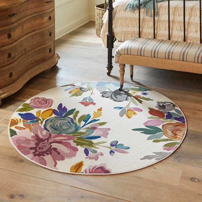 Tapis à motif floral vert / mauve / bleu / ivoire / gris / orange Aludra, Rond 3 pi 3 po