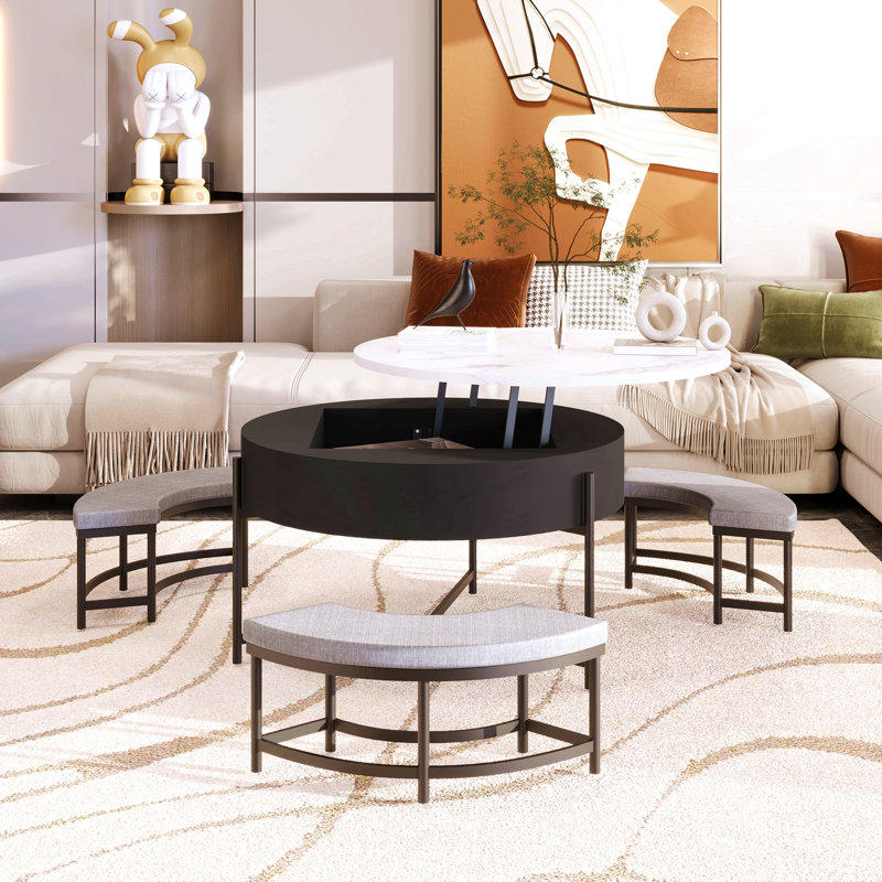 Table basse moderne à plateau relevable avec rangement et 3 repose-pieds blanc et noir