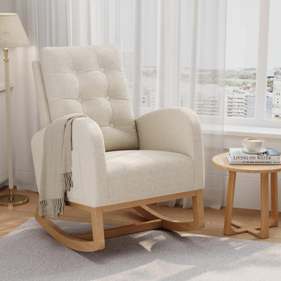 Ergonomic Comfort Rocking Chair for Nursery & Living Room - High Back, Soft Fleece Upholstery, Wooden Legs, Side Pocket - Modern Recliner, Easy-Clean, White Lambswool (No Footrest)