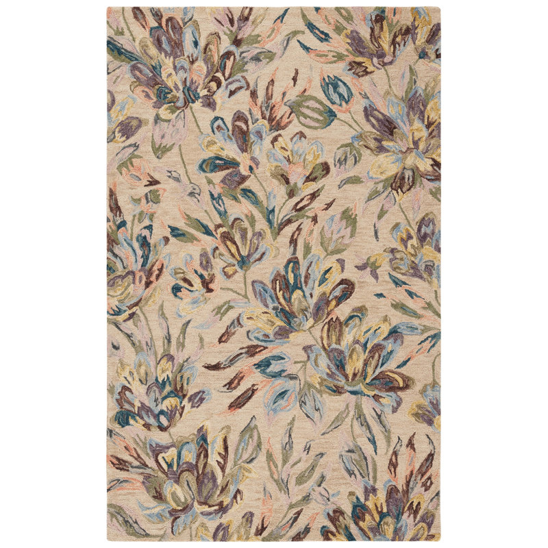 Karetha Hand Tufted Wool/Cotton Floral Rug in Purple/Beige, Rectangle 5' x 8'