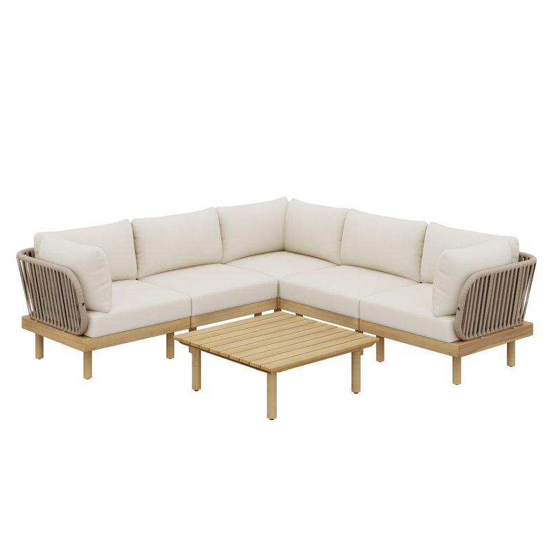 Ensemble de canapé modulaire d'extérieur en forme de L 6 pièces avec structure en bois d'acacia et coussins résistants à l'eau