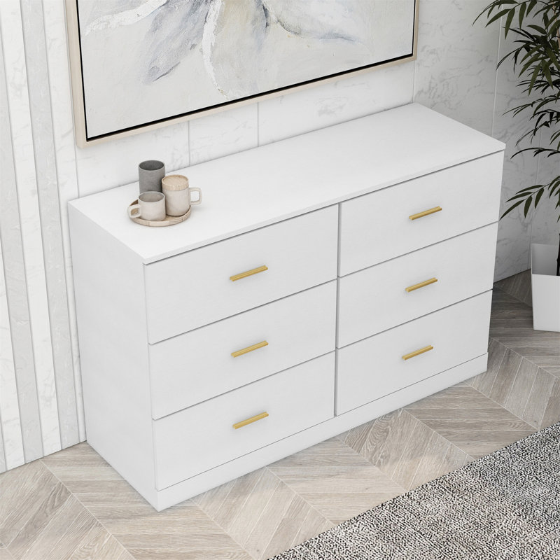Commode moderne à 6 tiroirs pour la chambre à coucher - Vaste commode de rangement, Blanc antique