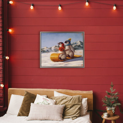 Cadre flottant Toboggan Sleigh Ride Penguins, design par Lucia Heffernan