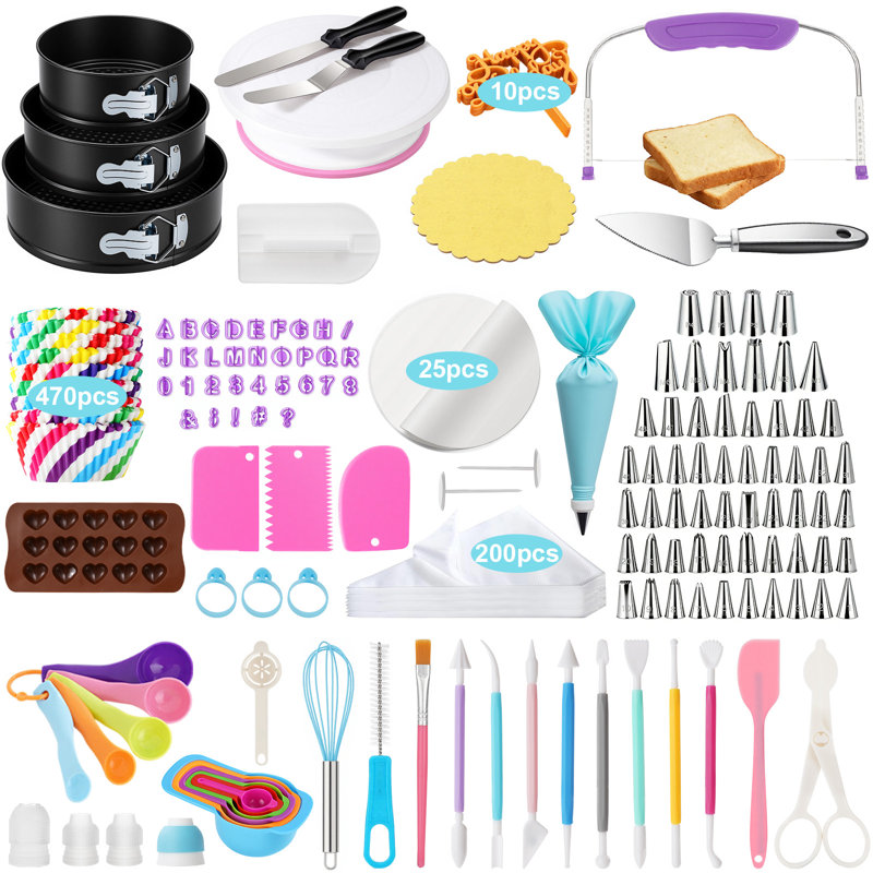 Ensemble de 852 pièces de fournitures de décoration de gâteaux, fournitures de décoration de petits gâteaux, outils de fournitures de pâtisserie, ensemble de sacs et de tuyaux de passepoil avec plateau tournant à gâteau, moules à charnière, patins à glaçons, grattoirs à gâteau