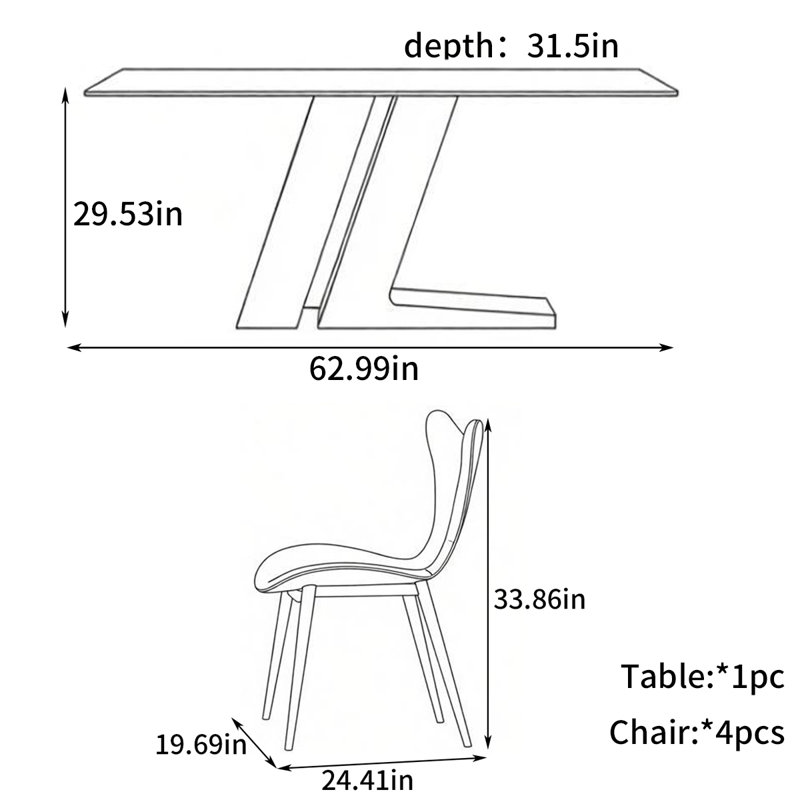 Table de salle à manger moderne et minimaliste, 29.53" H x 62.99" W x 31.5" D, 5 Pieces: Table, 4 Chairs