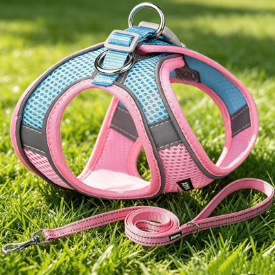 Blue Pink Color Block Mesh Dog Step-in Harness with 1.5 Meter Flat Leash, L Chest Harness Fit Small Dogs 18-20lbs, Chest Girth 48-54cm