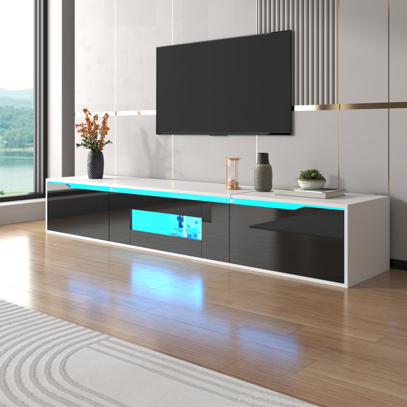Meuble télé blanc et noir ultrabrillant avec éclairage DEL à changement de couleur | Porte sans verre