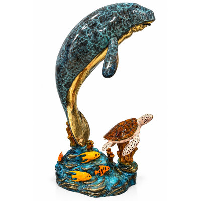 Sculptures & Beyond Manatee & Sea Turtle Cast Bronze Fountain Sculpture – Lost-Wax Bronze with Hand-Applied Patina – Coastal & Nautical Decorative Art for Garden, Poolside, Patio & Outdoor Décor – Sanctuary Below – 65"H