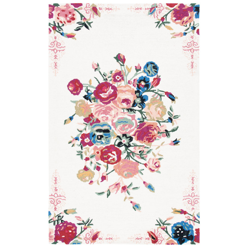 Delmarie Hand Tufted Wool/Cotton Floral Rug in Pink/Red/Ivory, Rectangle 9' x 12'