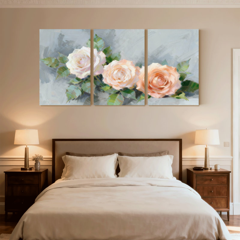 Ensemble de 3 reproductions d'art sur toile roses avec feuilles vertes sur fond gris, H 24 po x l 48 po
