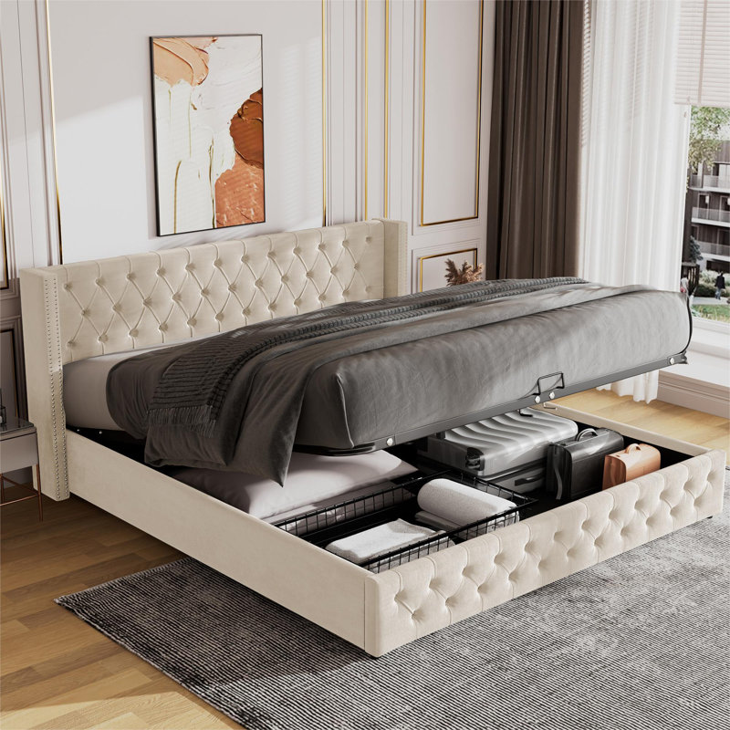Basildene Upholstered Bed, European Double (140 x 200cm), Beige
