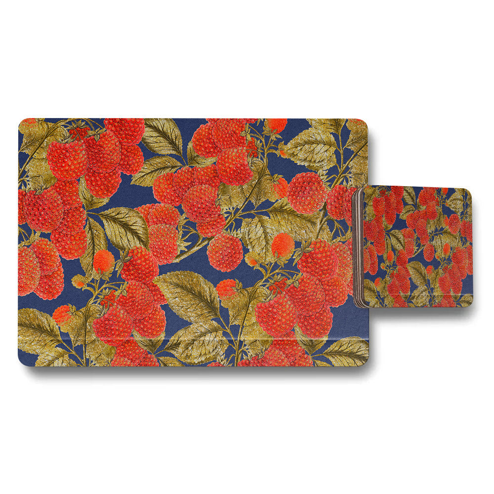 Raspberry Pattern Placemat And Coaster Set Navy Blue With Gold Leaves
