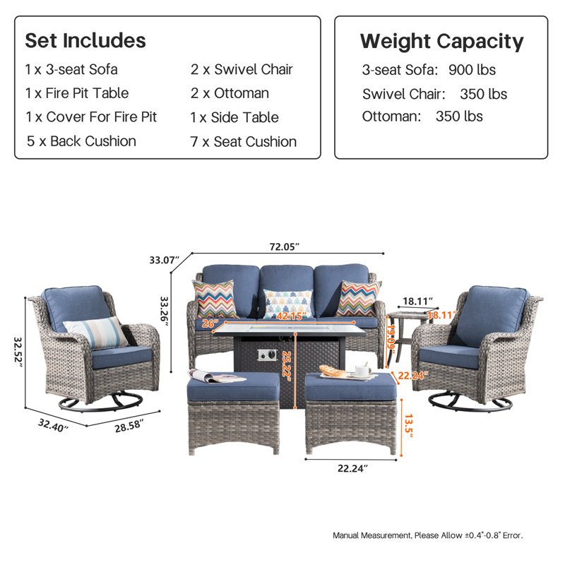 Tommy 5-person Outdoor Seating Group With Cushions With Fire Pit, Blue