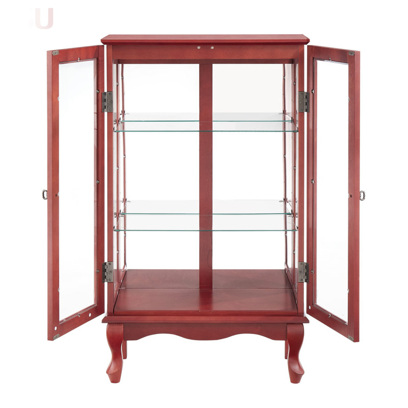 Vitrine 2 portes avec portes en verre trempé, armoires de terrasse avec panneau arrière en miroir et tablettes réglables, vitrine éclairée pour la maison, ampoule de bureau incluse cerisier