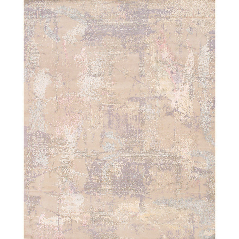 Tapis beige / gris en laine / soie noué à la main