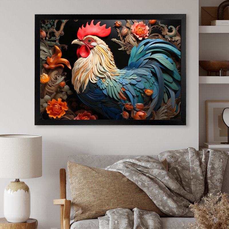" Blue Rooster With Orange Flowers ", Black Single Picture Framed, 16" H x 32" W x 1" D
