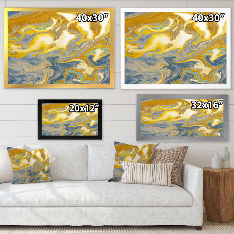 Jaune et bleu vagues de marbre I - peinture sur toile, H 30 po x l 40 po x P 1,5 po, Cadre d'angle fermé noir