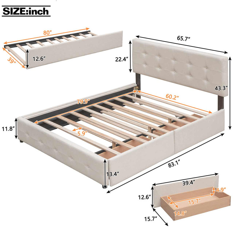 Grand lit plateforme tapissier avec rangement Kaushar, Beige