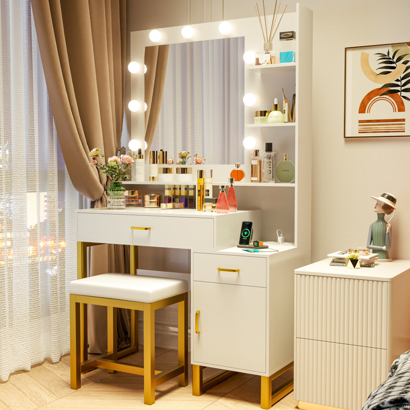 Makeup Vanity with Lighted Mirror and Outlets