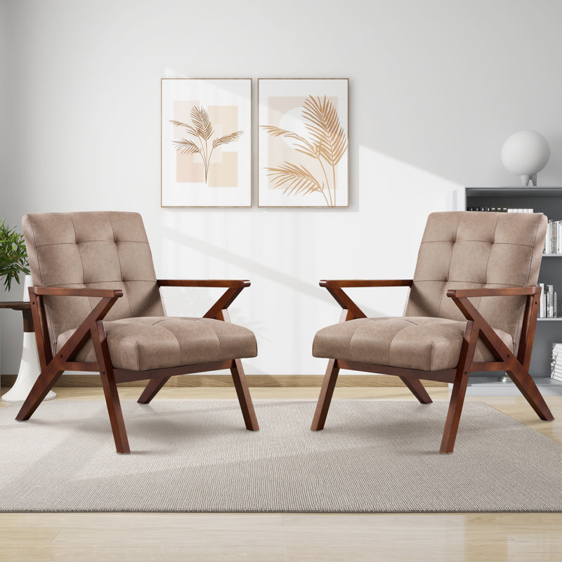 68cm Wide Mid-Century Upholstered Accent Chair With Wooden Armrests & Tufted Seat (Set of 2)