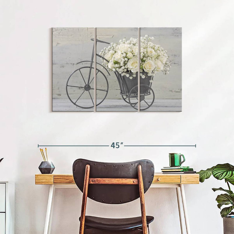 Ensemble de 3 pièces bouquet de roses blanches sur toile, H 24 po x l 38 po x P 1,25 po