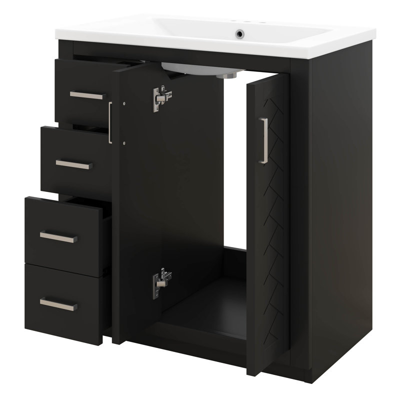 Meuble-lavabo sur pied 36 po avec lavabo en céramique, armoire de rangement moderne à 3 tiroirs et 2 portes, Noir