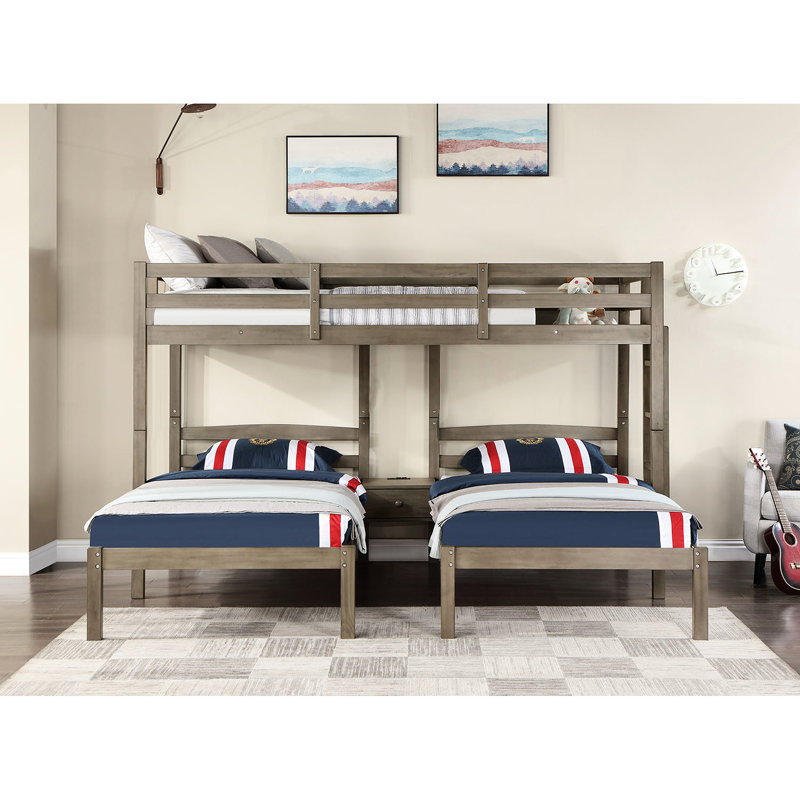 Lit simple triple style transitionnel, bois massif gris chaud, table de chevet encastrée réversible avec prise de courant et garde-corps pour dormir en toute sécurité, matériau principal en bois compatible avec les matelas, tiroir