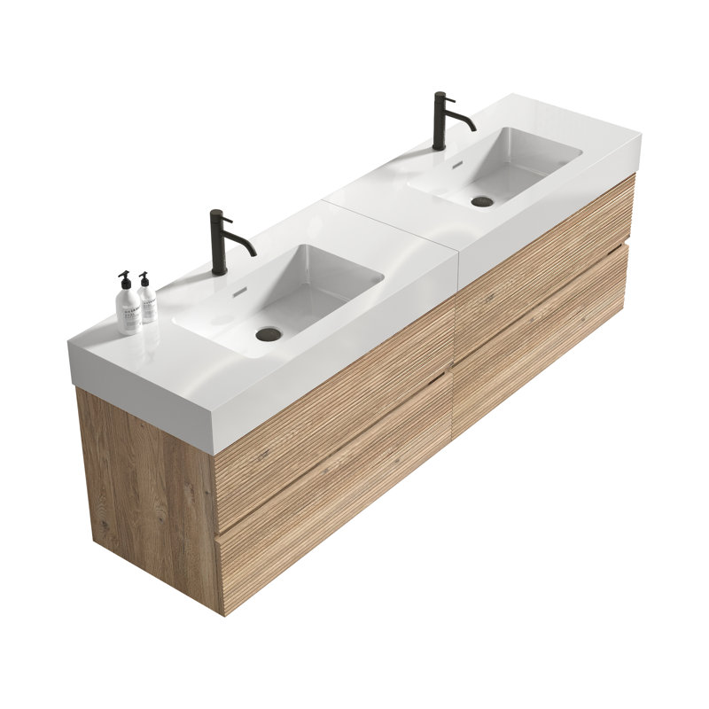 Meuble-lavabo moderne en chêne avec lavabo à quartz, rangement spacieux et design épuré