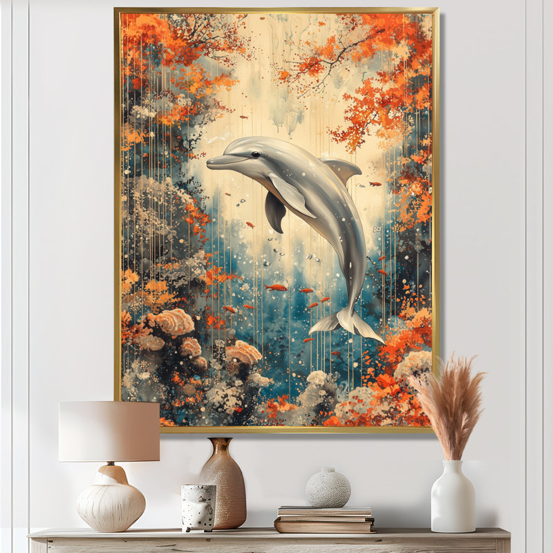 Reproduction d'art sur toile, "Dauphin au-dessus d'un corail", H 32 po x l 24 po, Impression encadrée flottante, Doré