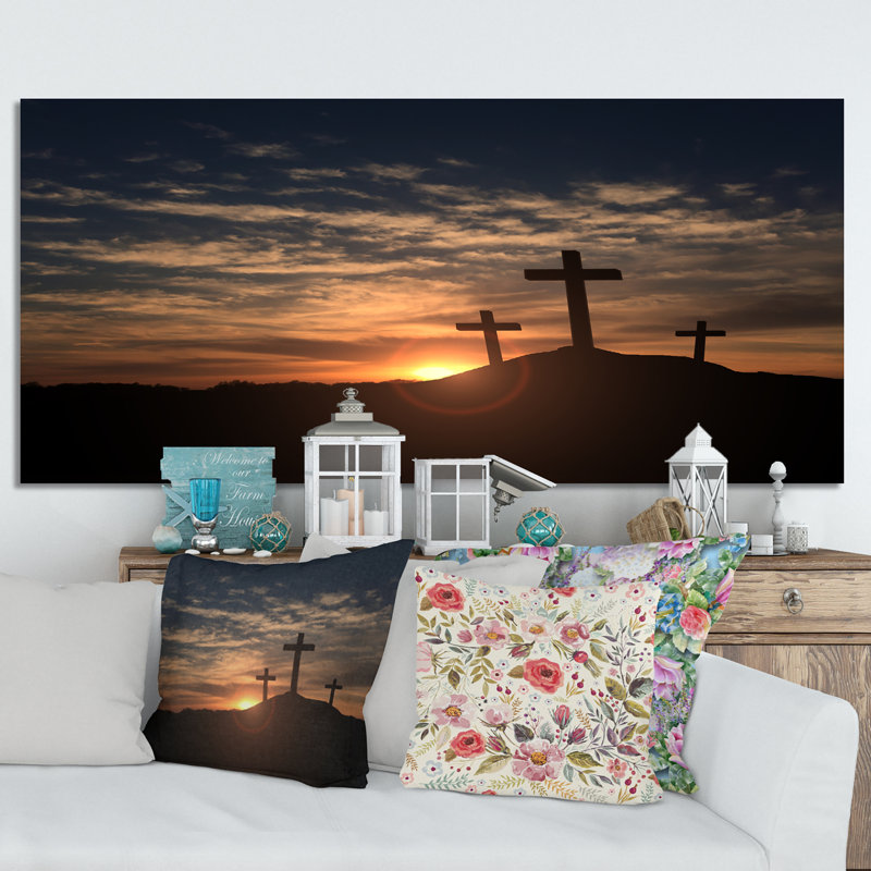 Trois croix éligieuses au coucher du soleil - Photographie sur toile, H 8 po x l 12 po x P 1 po, Toile tendue