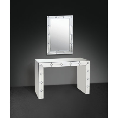 Faux Rhinestone Mirrored Rectangular Sled Console Table, 47 Inches Wide, 32 High, 16 Deep, Silver, Assembled Silver Deep