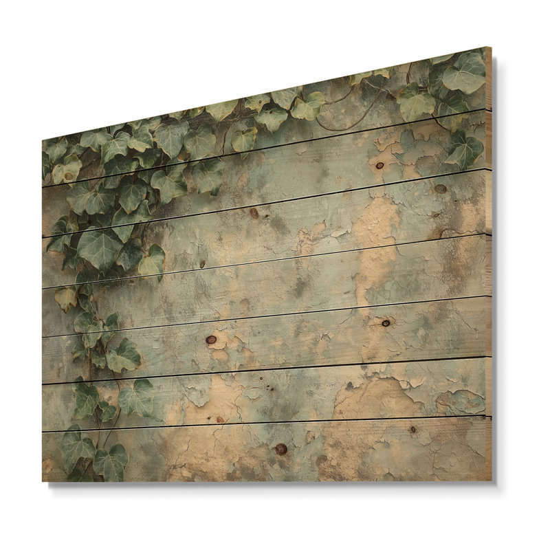 Collage de feuilles de lierre sur un mur III - Impression sur bois de feuilles - sur bois de pin naturel, H 10 po x l 20 po