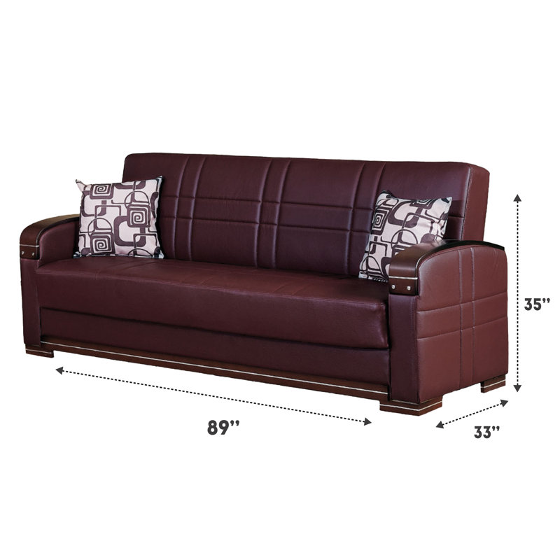 Zayac Twin 89'' Faux Leather Convertible Sofa, Brown Faux Leather
