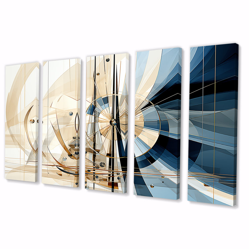 «White and Blue Contemporary Harbor Forms - Abstract Shapes», art mural 5 pièces, H 28 po x l 60 po