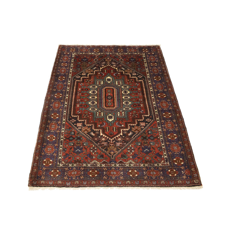 Tapis unique en laine noué à la main de style années 1980 de 3 pi 7 po x 4 pi 10 po en rouge / bleu / vert Adil