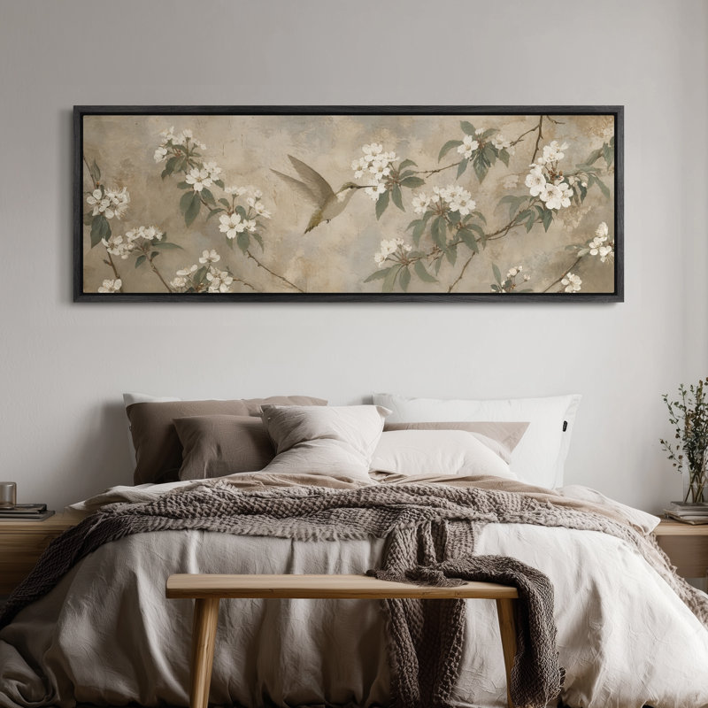 Très grand colibri sur une branche de fleur, reproduction d'art, H 20 po x l 60 po, Noir