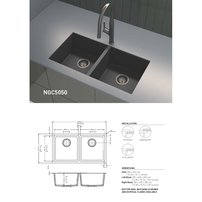 Évier de cuisine encastré 33 po en granite 33 po, Matte Black