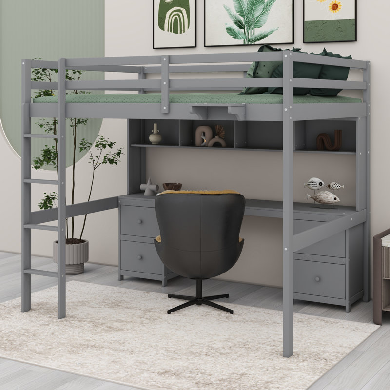 Lit mezzanine multiple fonctionnel avec bureau, station de charge, armoires, tiroirs et plateau de chevet, Gris