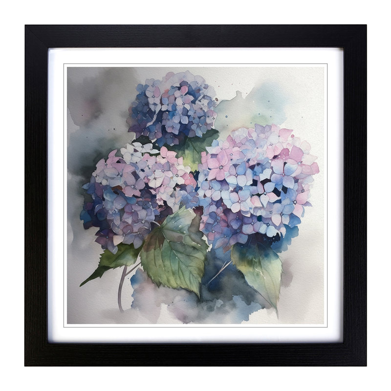 Hydrangea Watercolour No.1 - Single Picture Frame Print on Wood, Black