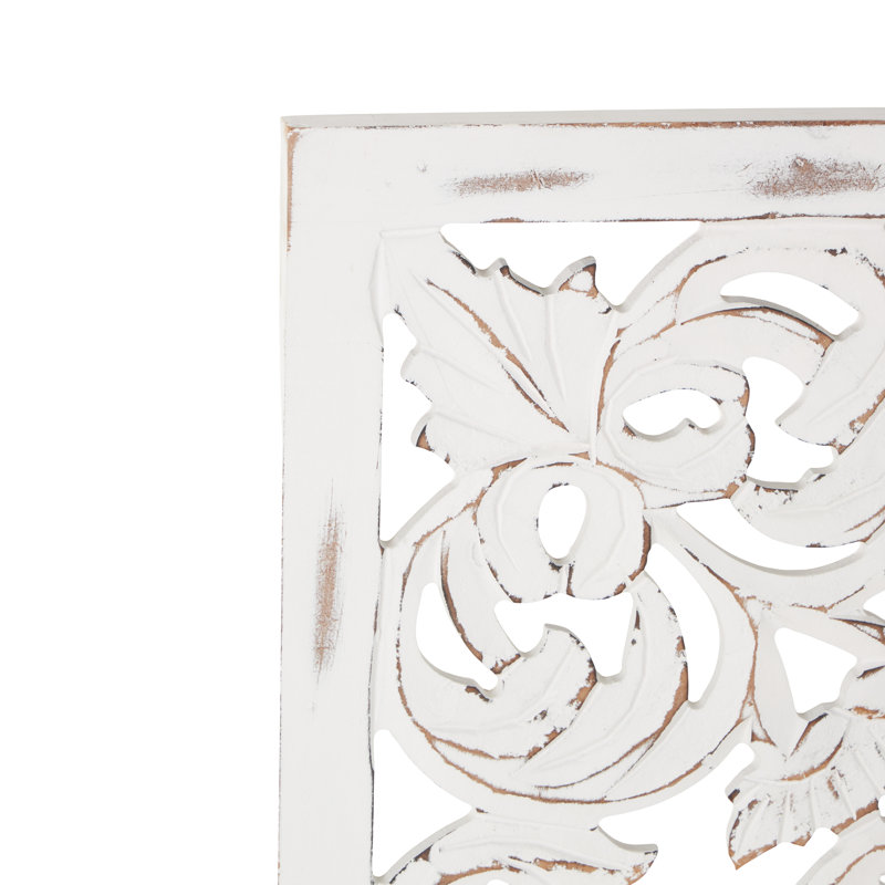 White Wooden Floral Handmade Intricately Carved Home Wall Decor, Set of 3 12"W, 36"H