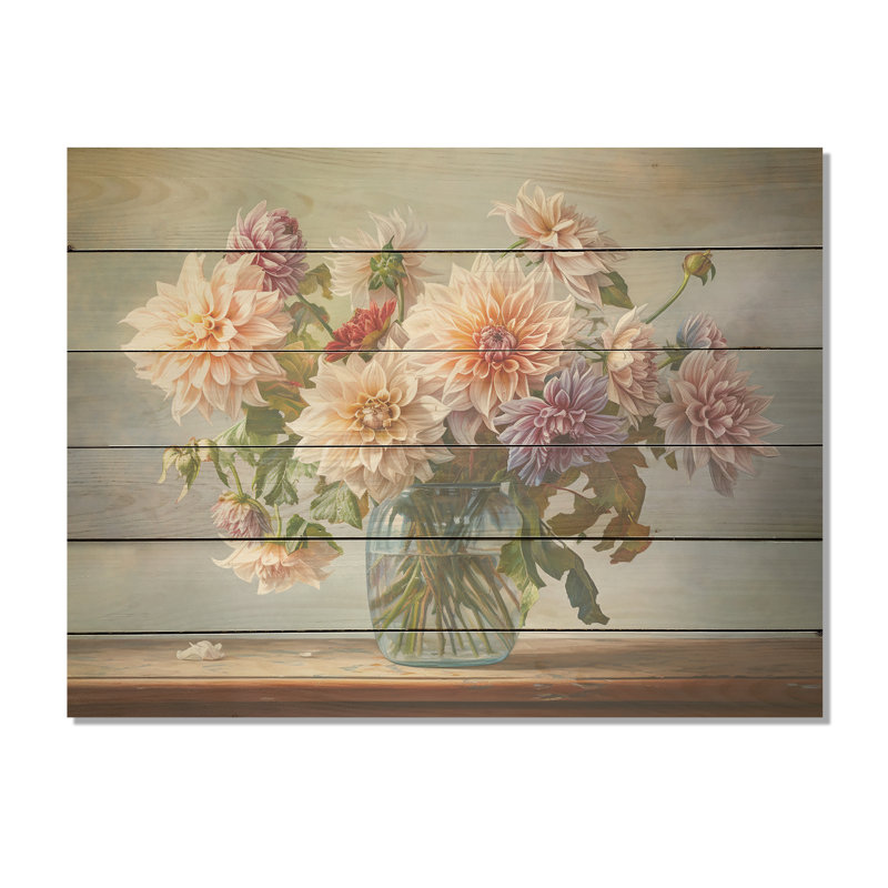Soft Color Dahlia Bouquet Still Life - Dahlia Wood Wall Art On Natural Pine Wood, 24" H x 32" W