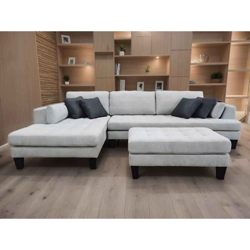 Canapé modulaire en microfibre avec repose-pieds Pritesh, Accoudoir à gauche (vu de face), Microfibre/microsuède gris clair