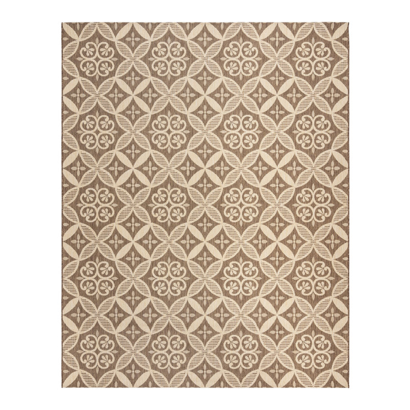 Paseo Gurseerit All-Weather Flatweave Indoor/Outdoor Area Rug, Brown Beige Medallion Checkered – Patio, Deck, Porch & Living Room - Beige, 5x7