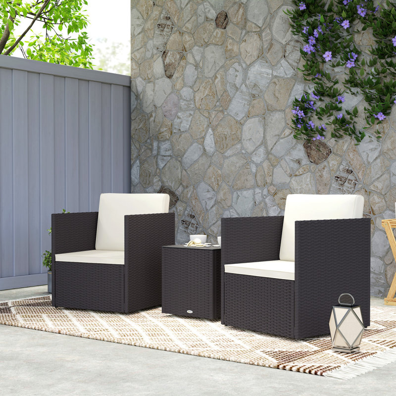 Ensemble de meubles de patio 3 pièces Outsunny, ensemble de bistro pliant en osier avec coussins et table basse en verre, facile à assembler pour la véranda, balcon, brun