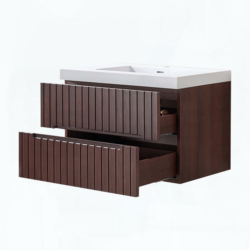 Meuble-lavabo suspendu avec lavabo intégré en acrylique et 2 tiroirs, Noyer 31 po